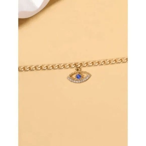 GOLD DIAMOND SAPPHIRE EVIL EYE ANKLET - Picture 4 of 5